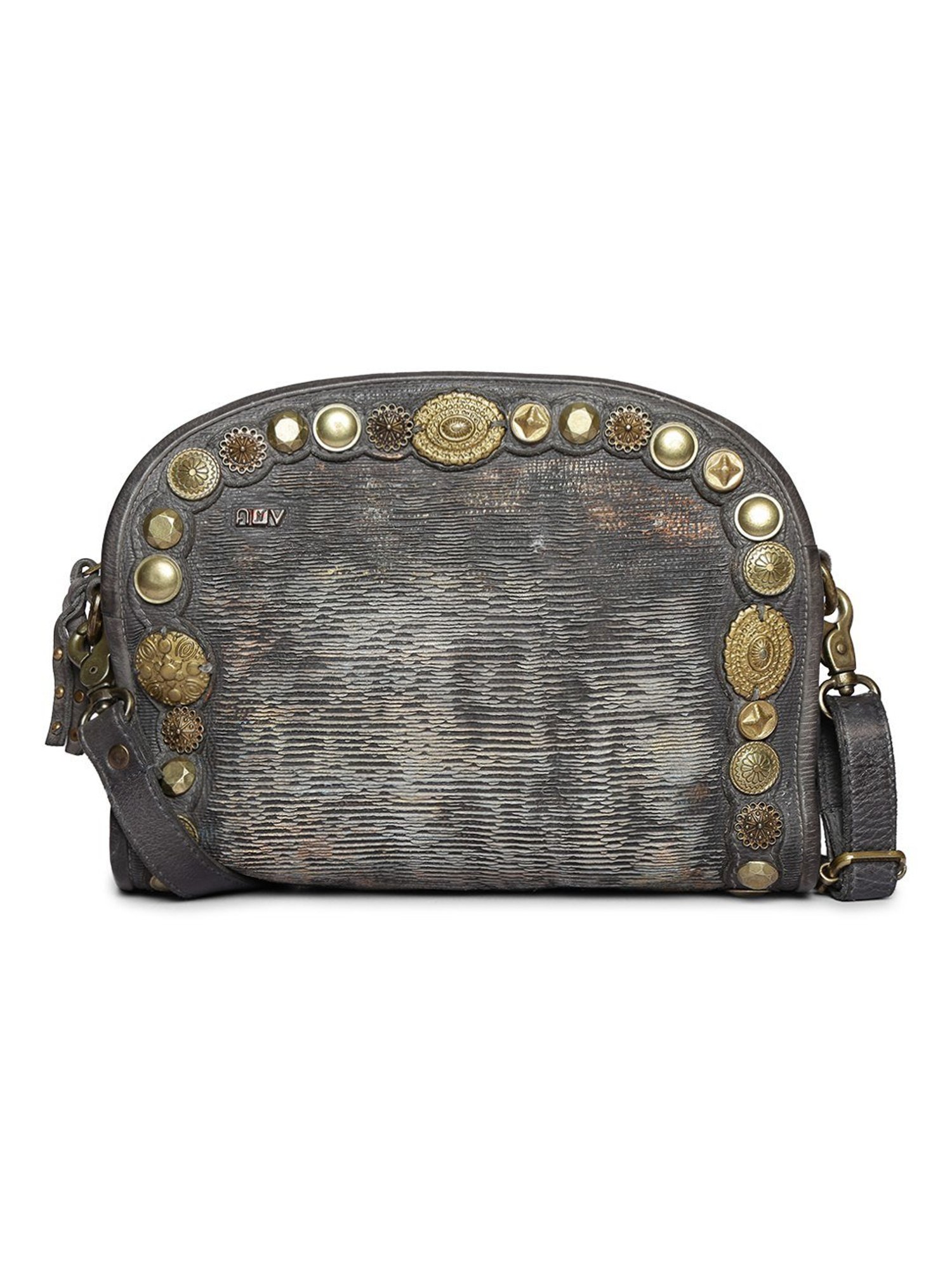 Art N Vintage Silvia Grey Leather Embellished Medium Sling Handbag