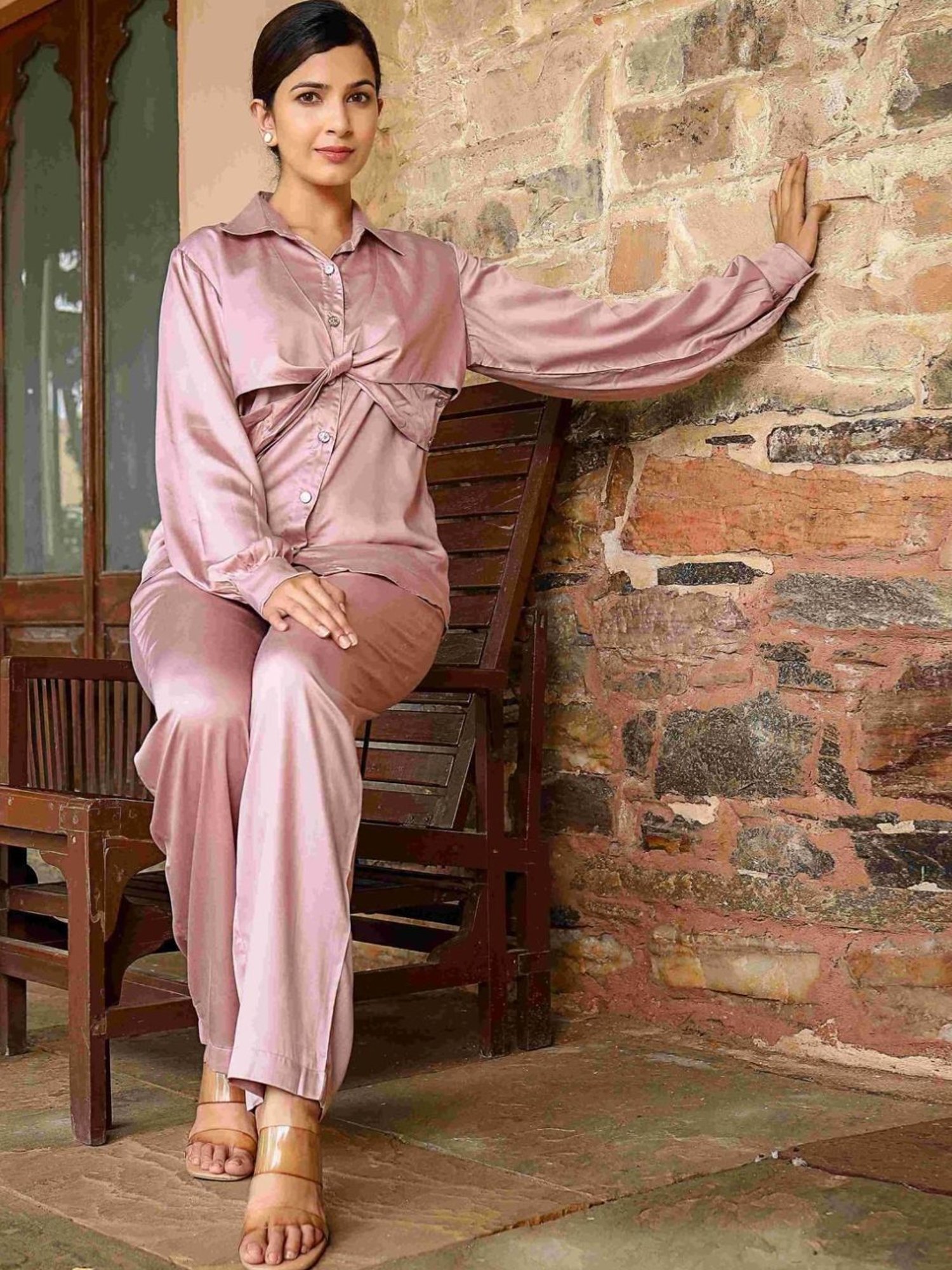 Artagai Midnight Navy Elevated Basics Co-Ord Set With Notch Collar Top And Straight Pants