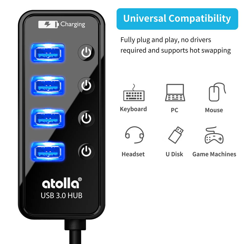 Atolla 4 Port USB Hub-SuperSpeed USB 3.0 Hub- 1 USB Charging Port-On Off Switch-with AC Power Adapter- Powered USB Splitter