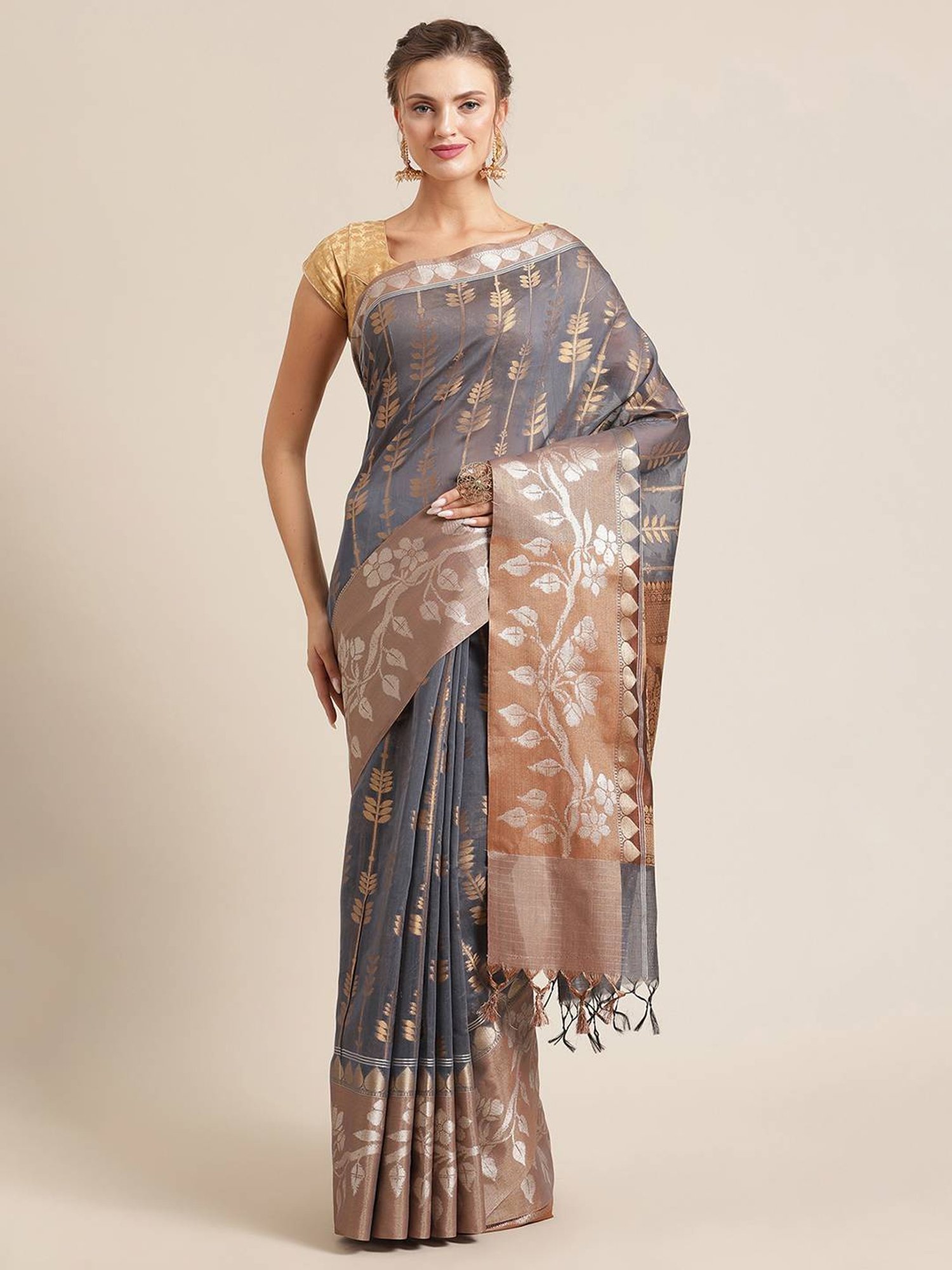 Banarasi Silk Works Grey Woven Saree with Blouse