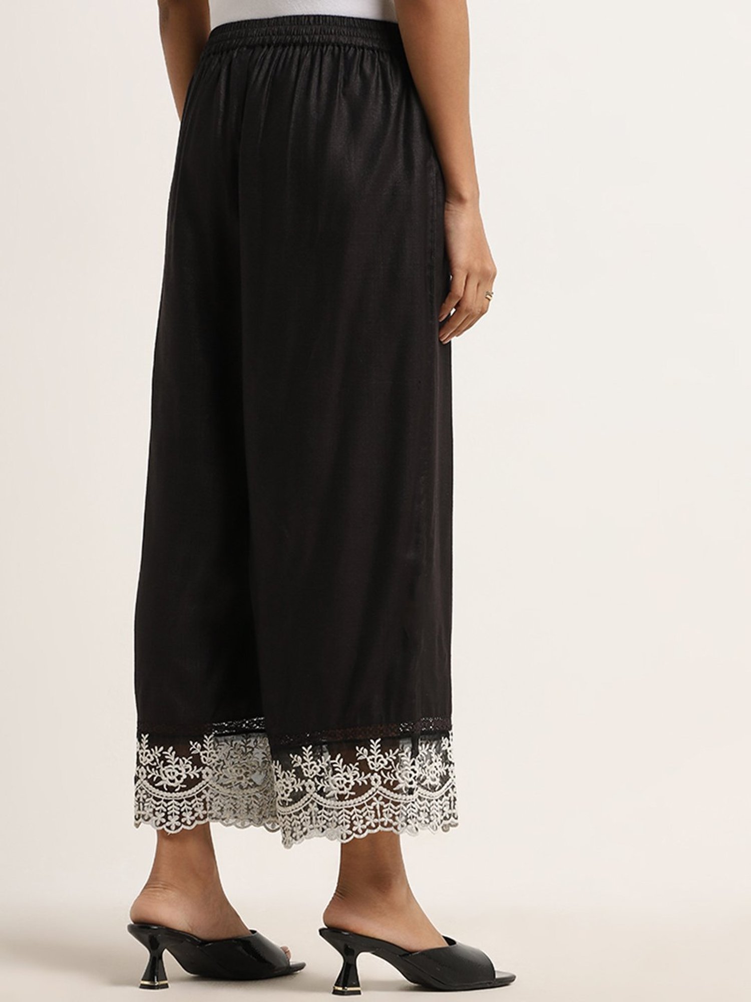 Zuba by Westside Black Floral Embroidered Mid-Rise Cotton Palazzos