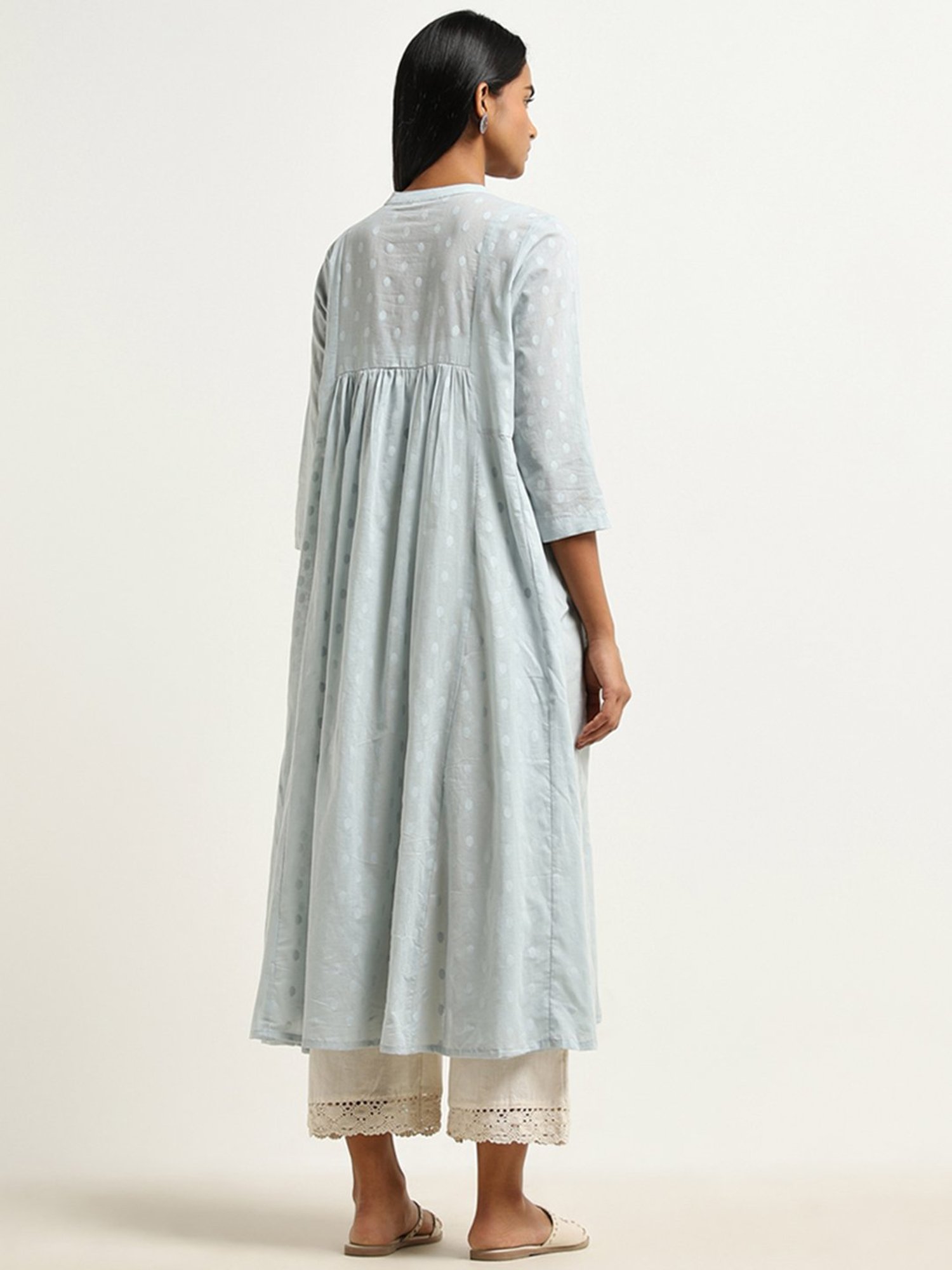 Utsa by Westside Light Blue Floral Embroidered A-Line Cotton Kurta