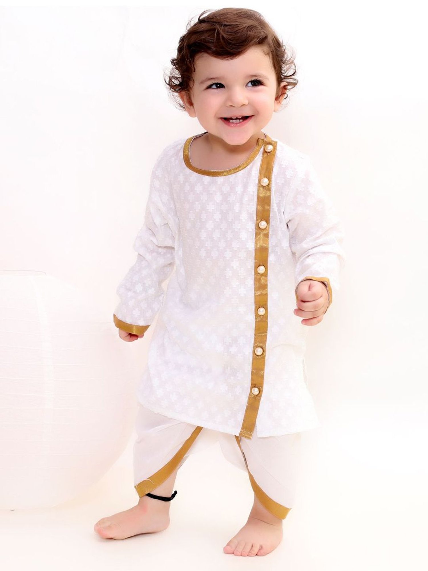 Little Bansi Kids White Cotton Embellished Kurta Set
