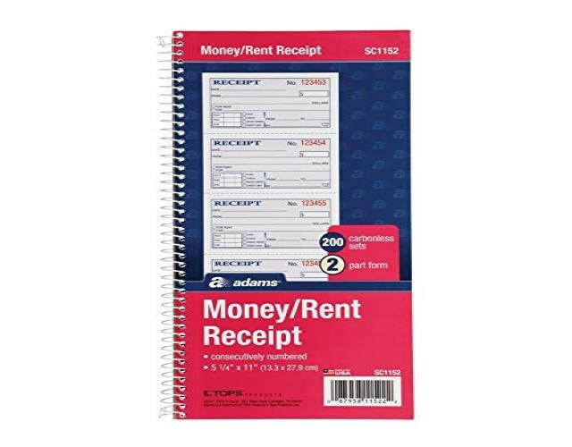 Adams Money and Rent Receipt Book, 2-Part Carbonless, 5-1/4" x 11", Spiral Bound, 200 Sets per Book, 4 Receipts per Page (SC1152)