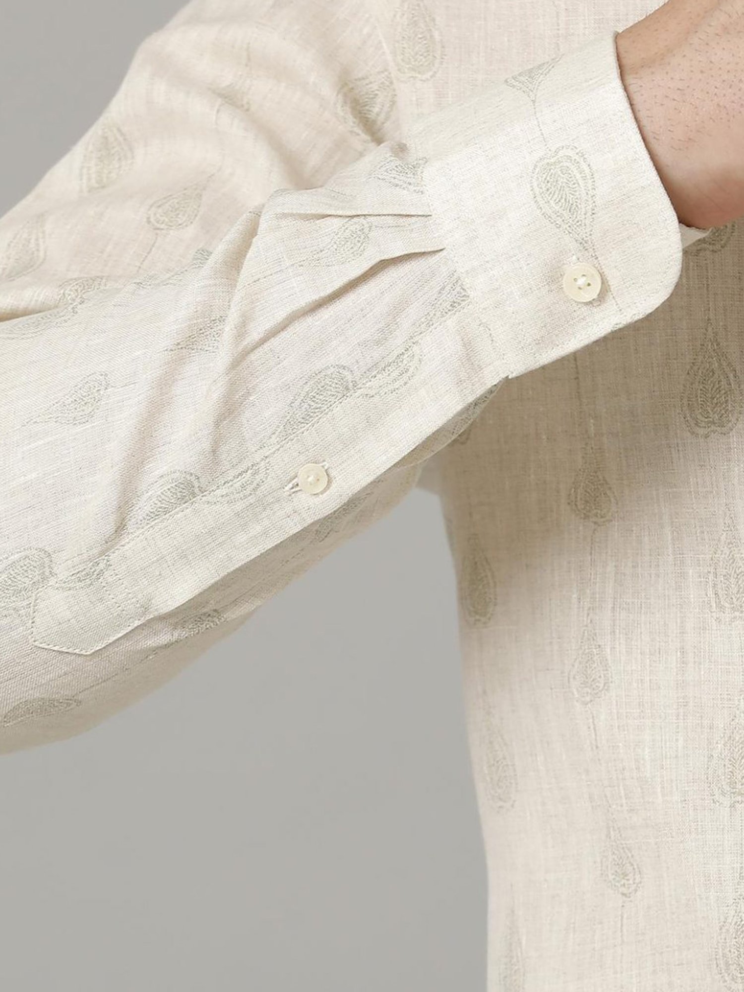 Linen Club Beige Linen Contemporary Fit Printed Shirt