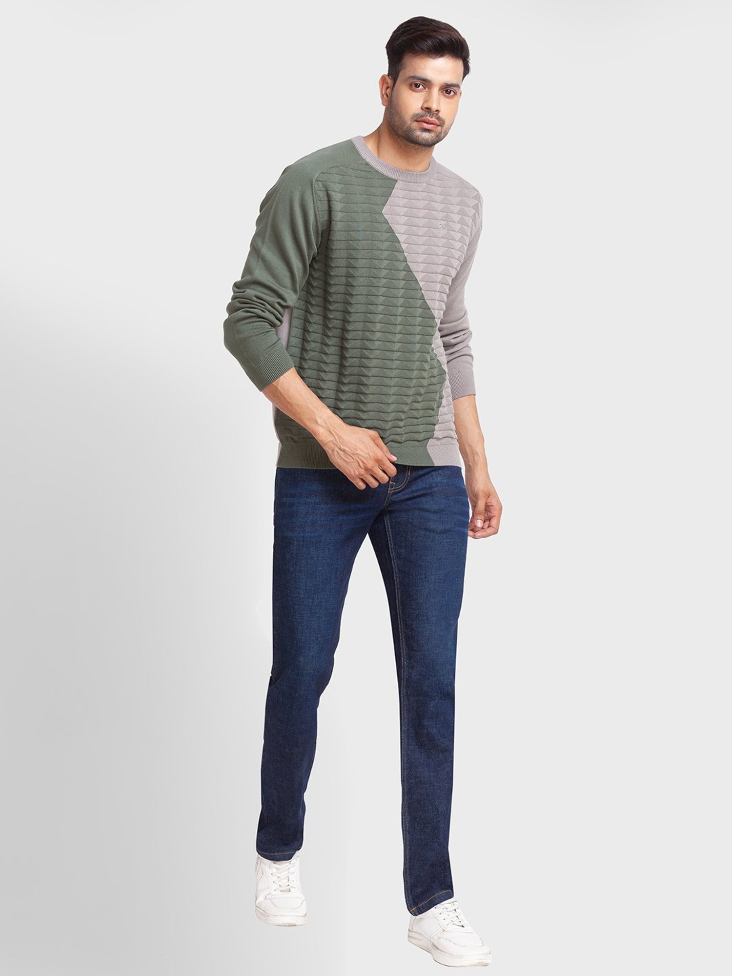 ColorPlus Multi Cotton Tailored Fit Colour Block Sweaters