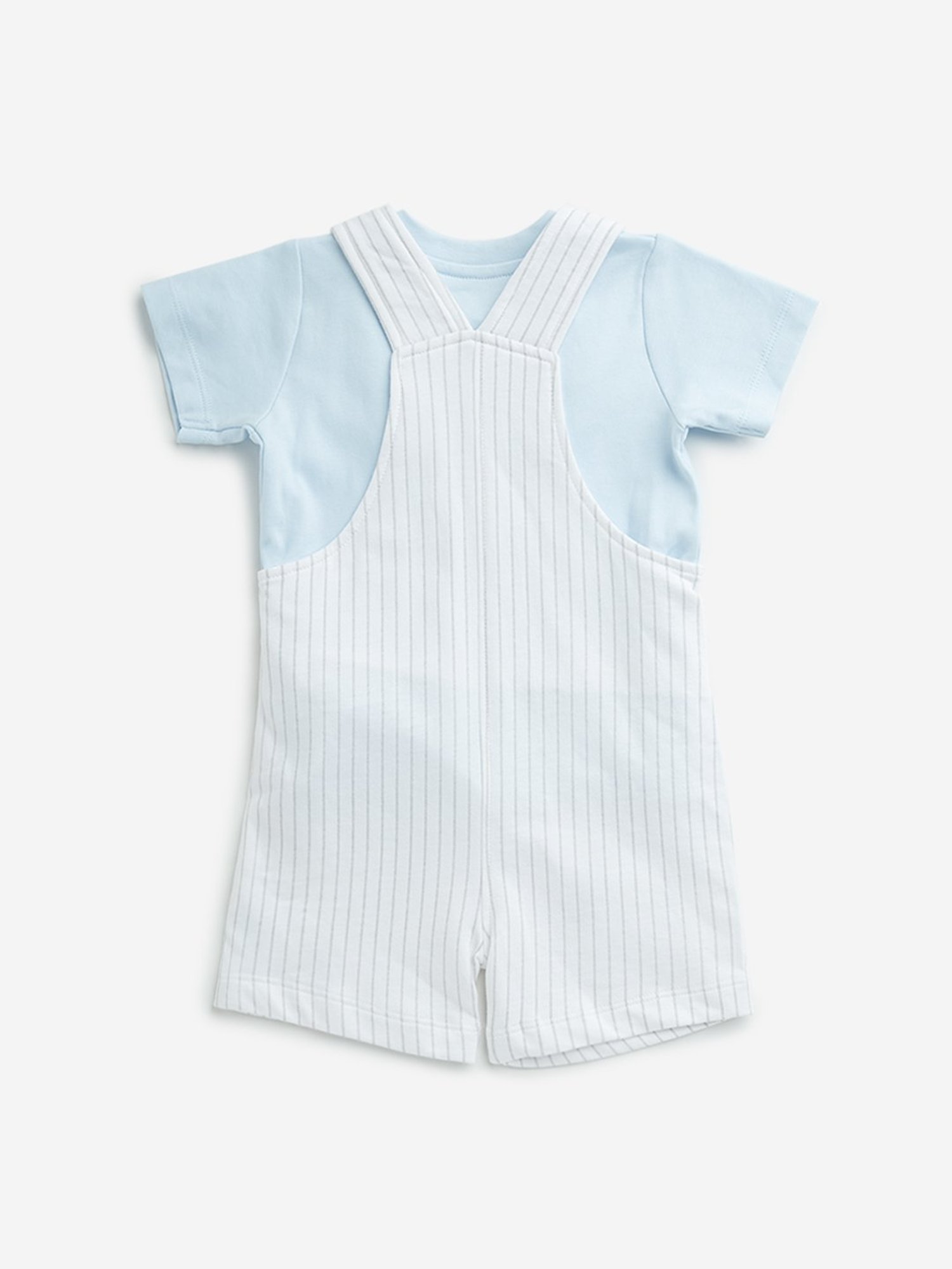 HOP Baby by Westside White Striped Dungaree with Cotton T-Shirt Set