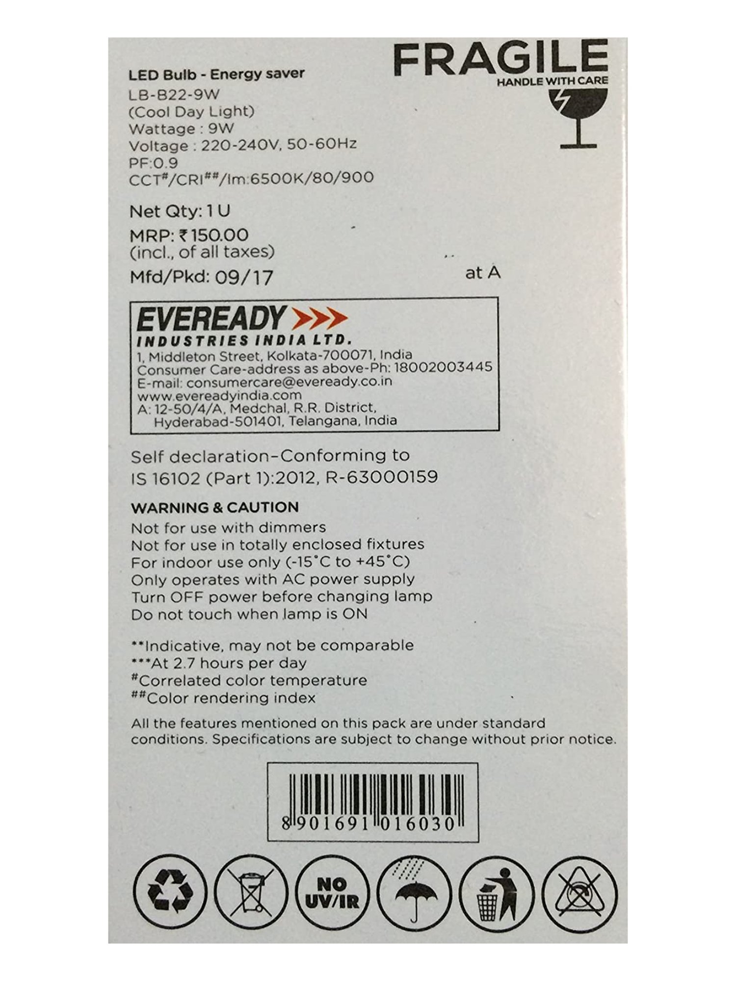 Eveready B22D 9W LED Bulb - Pack of 6 (White)