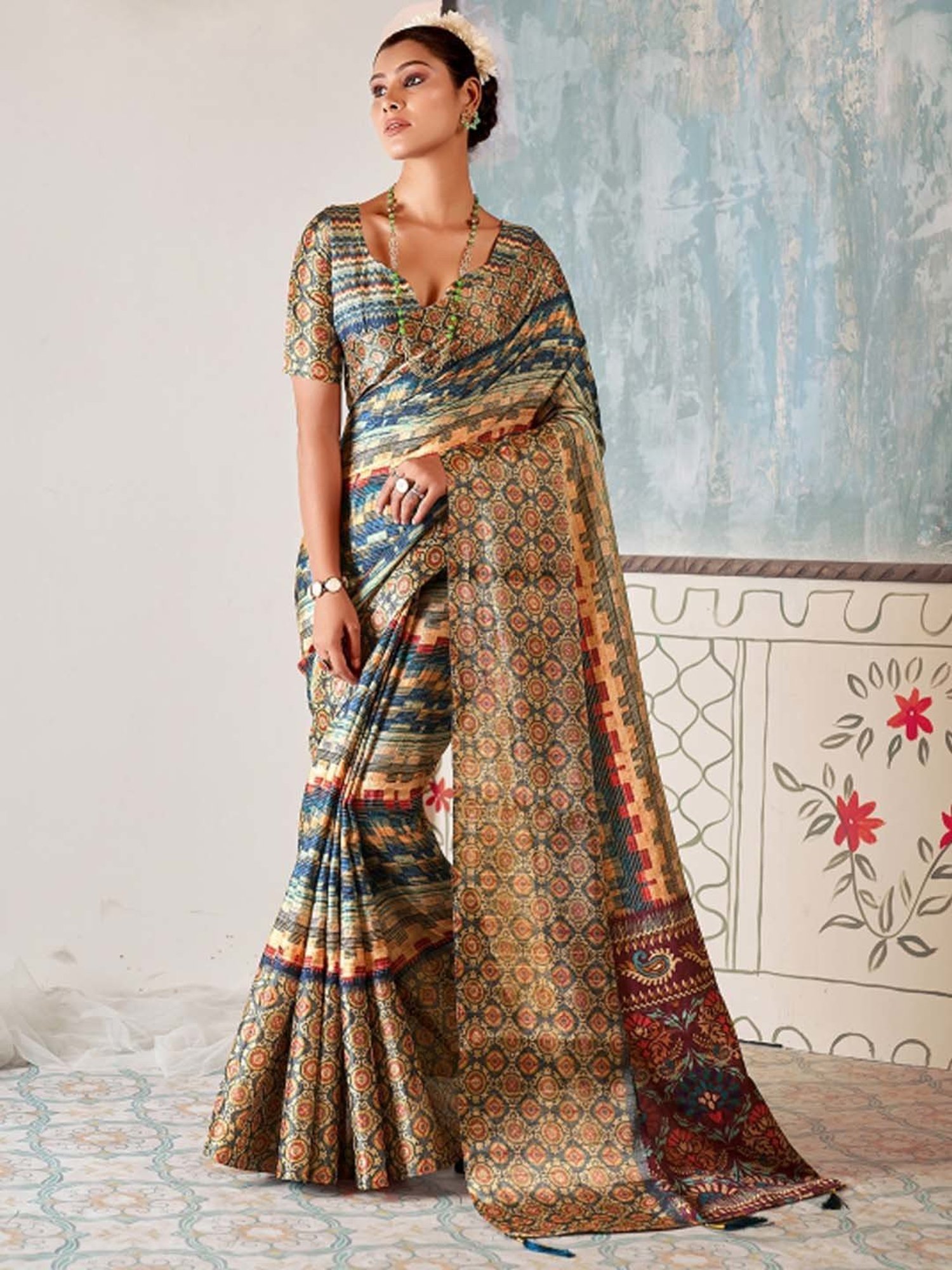 Saree Mall Blue & Brown Printed Saree With Unstitched Blouse