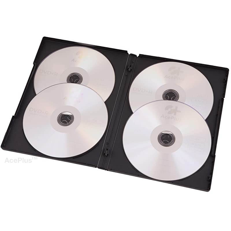Quad 4-Disc Black DVD Cases in 14mm Standard Thickness with Double Overlap Hubs on Each Side of Case (10-Pack)