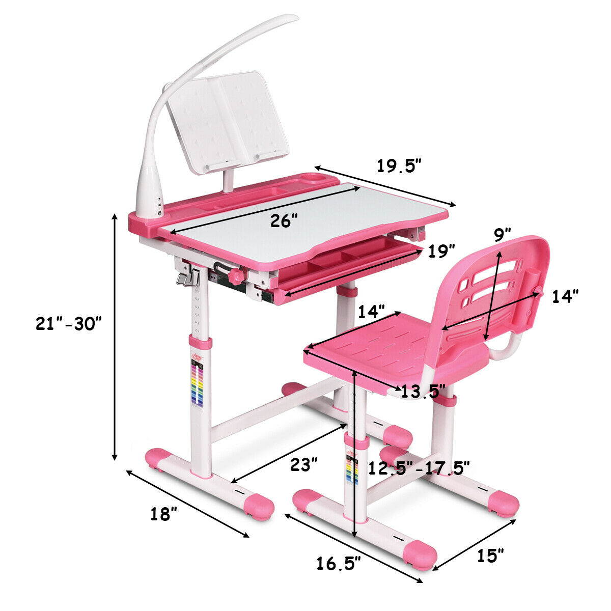 Height Adjustable Kids Desk Chair Set Study Drawing w/Lamp & Bookstand Pink