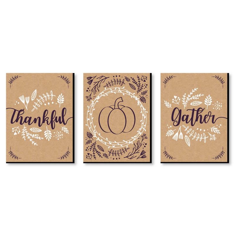 Big Dot of Happiness Elegant Thankful and Gather - Fall Wall Art and Friendsgiving Decor - 7.5 x 10 inches - Set of 3 Prints