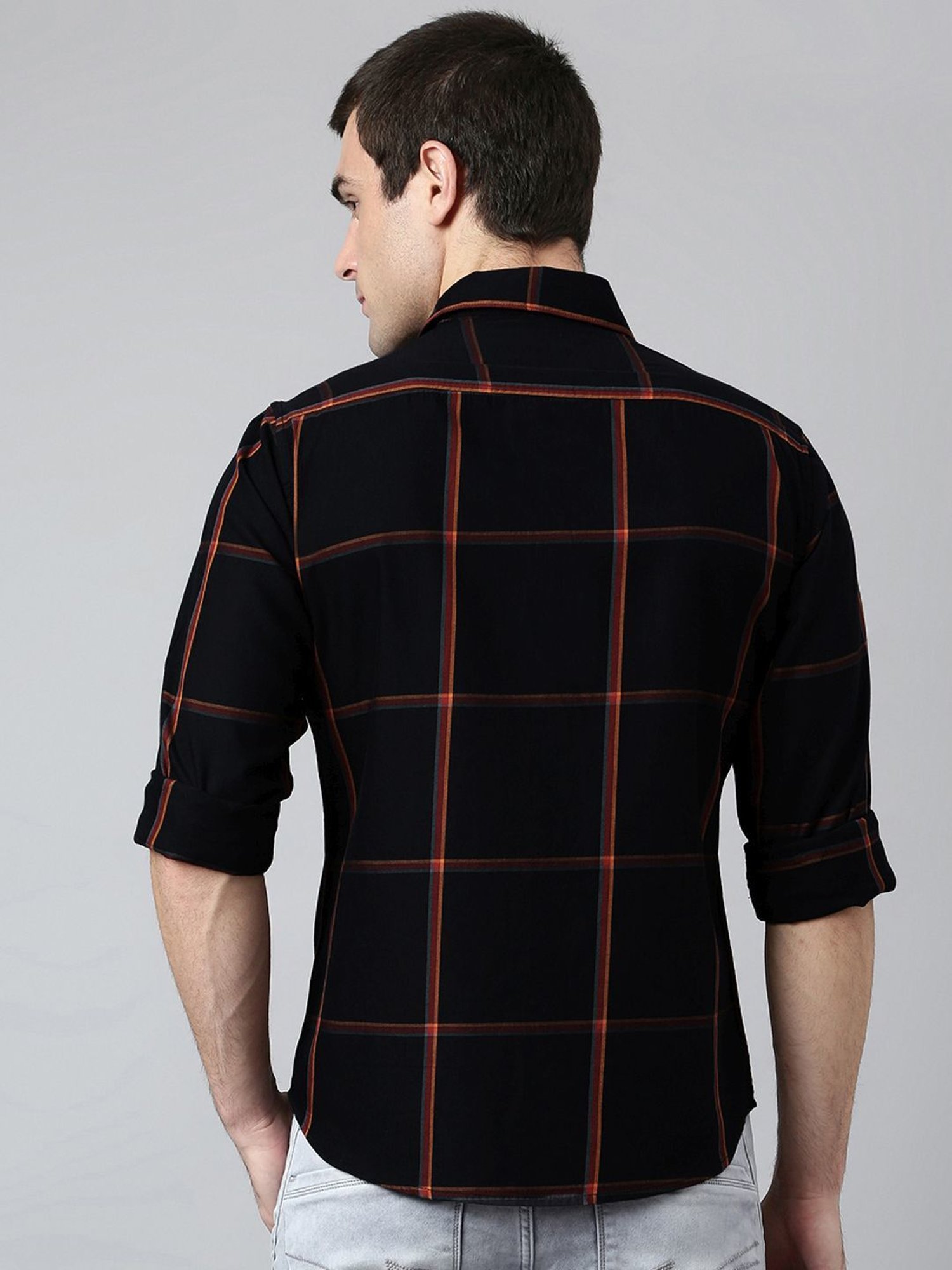 Dennis Lingo Black Cotton Slim Fit Checks Shirt