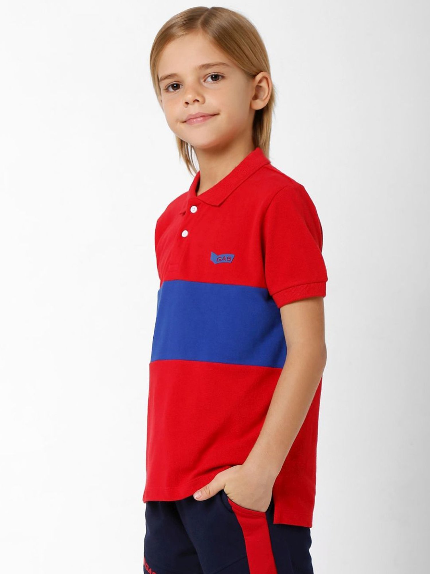 Gas Kids Red & Blue Cotton Color Block Polo T-Shirt