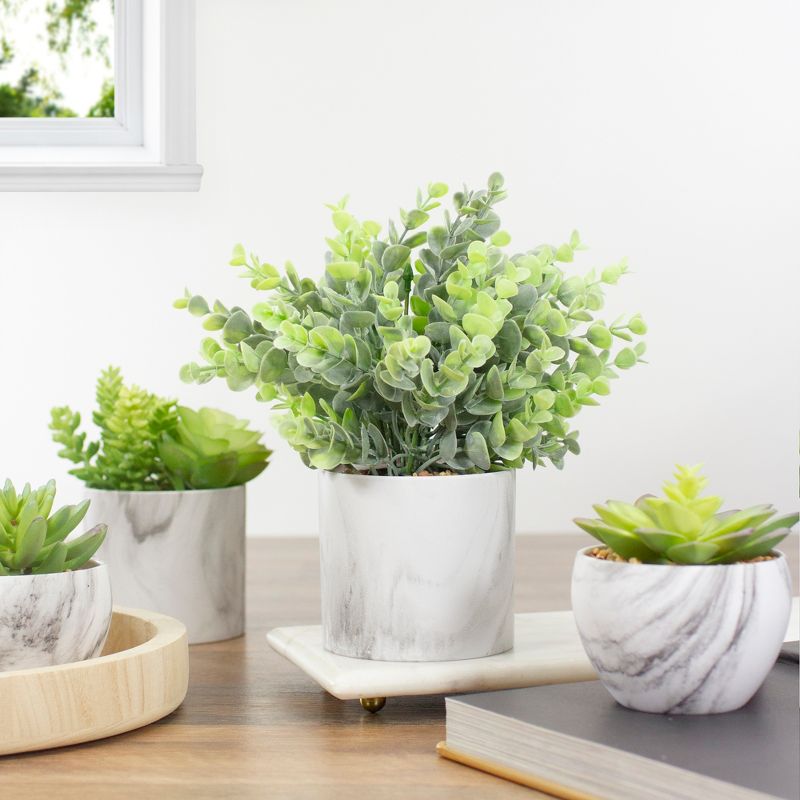 Northlight 9" Green Artificial Eucalyptus in a Marble Style White Pot