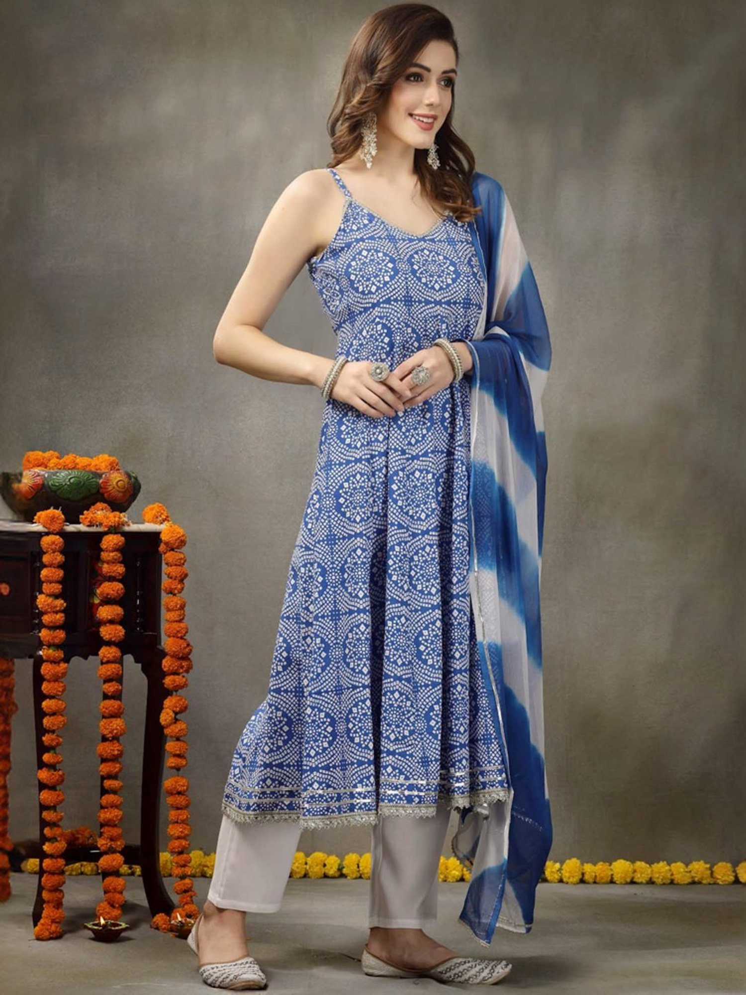 Stylum Blue & White Bandhani Print Kurta & Pant Set With Dupatta