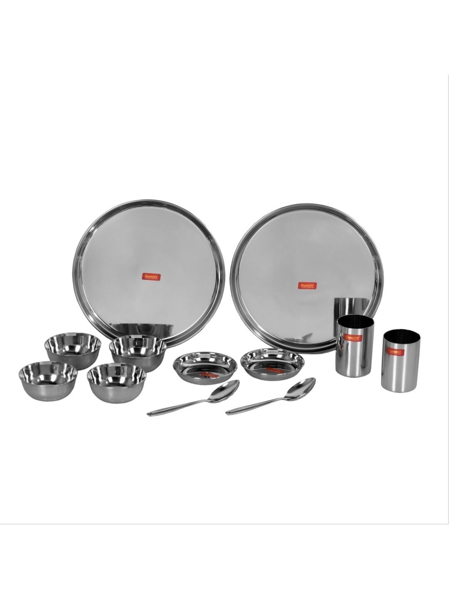 Sumeet S.S.Mirror Finish Dinner set of 12Pc(2 Plate,2 Small/Halwa Plate,4 Bowl/Wati,2 Glass,2 Spoon)