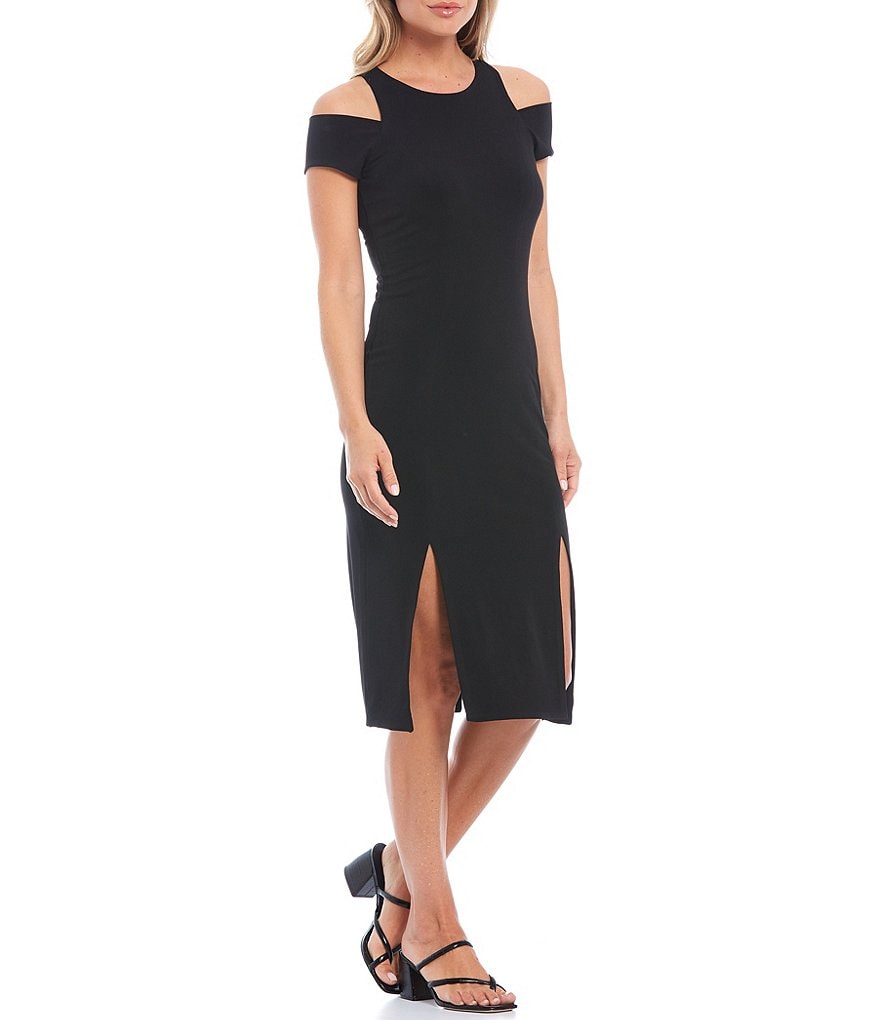 Eva Varro Knit Jersey Cold Shoulder Slit Hem Midi Sheath Dress