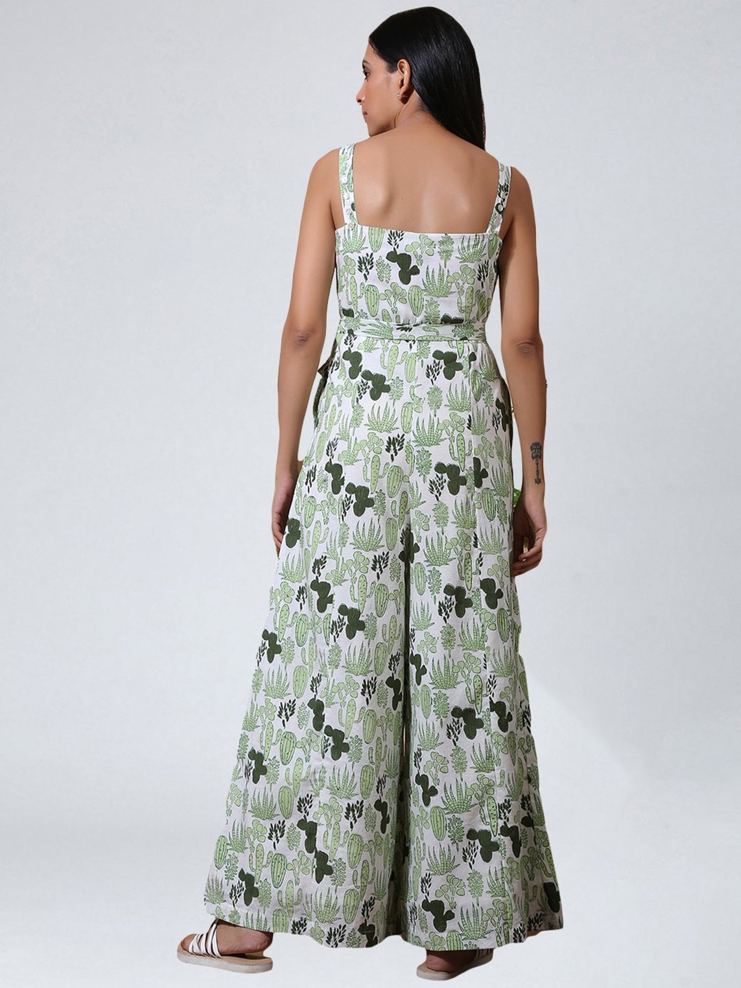 Okhai Succulent White & Olive Green Pure Cotton Printed Jumpsuit