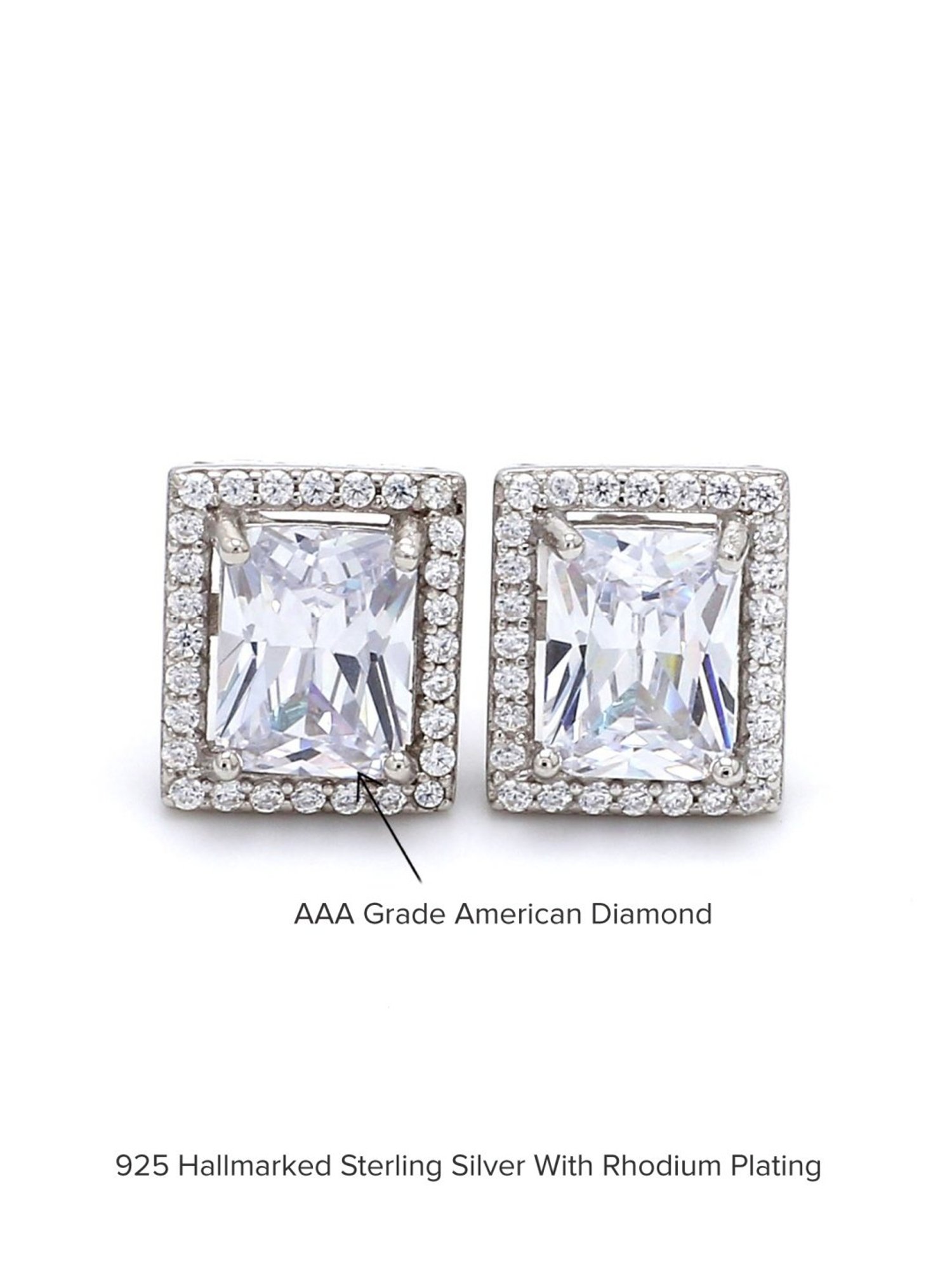 Ornate Jewels 925 Silver Rectangular AAA Grade American Diamond Stud Earrings