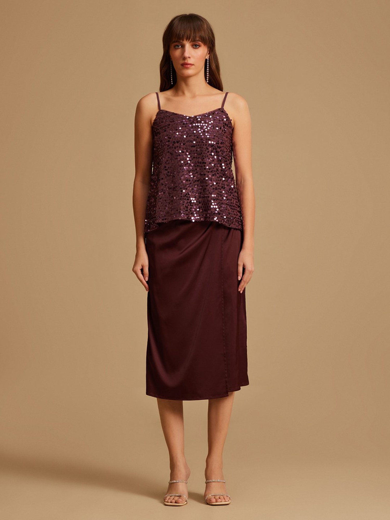 Kazo Maroon Embellished Spaghetti Top