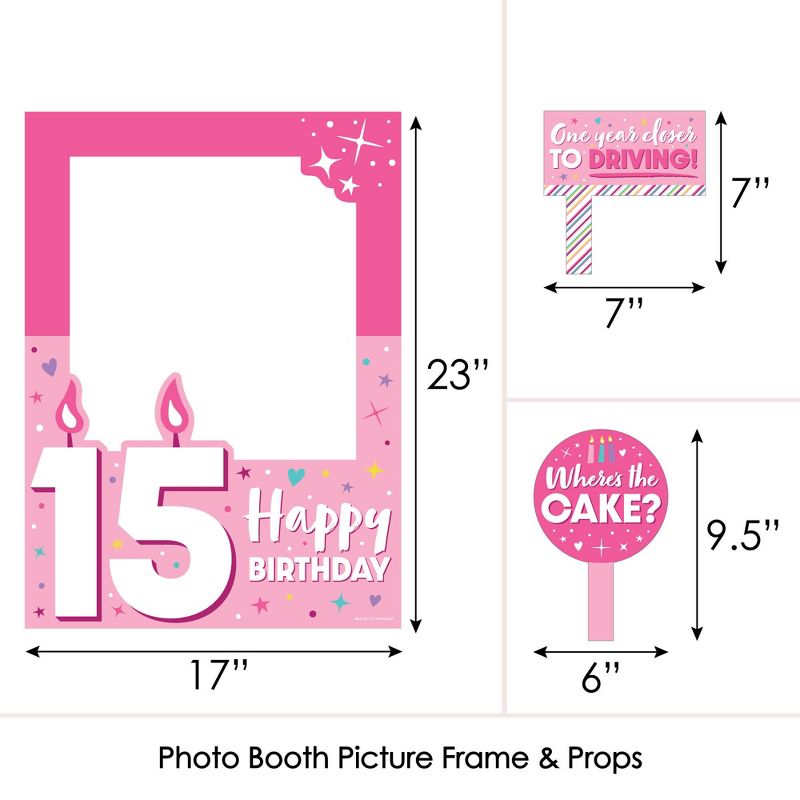 Big Dot of Happiness Girl 15th Birthday - Teen Birthday Party Selfie Photo Booth Picture Frame and Props - Printed on Sturdy Material
