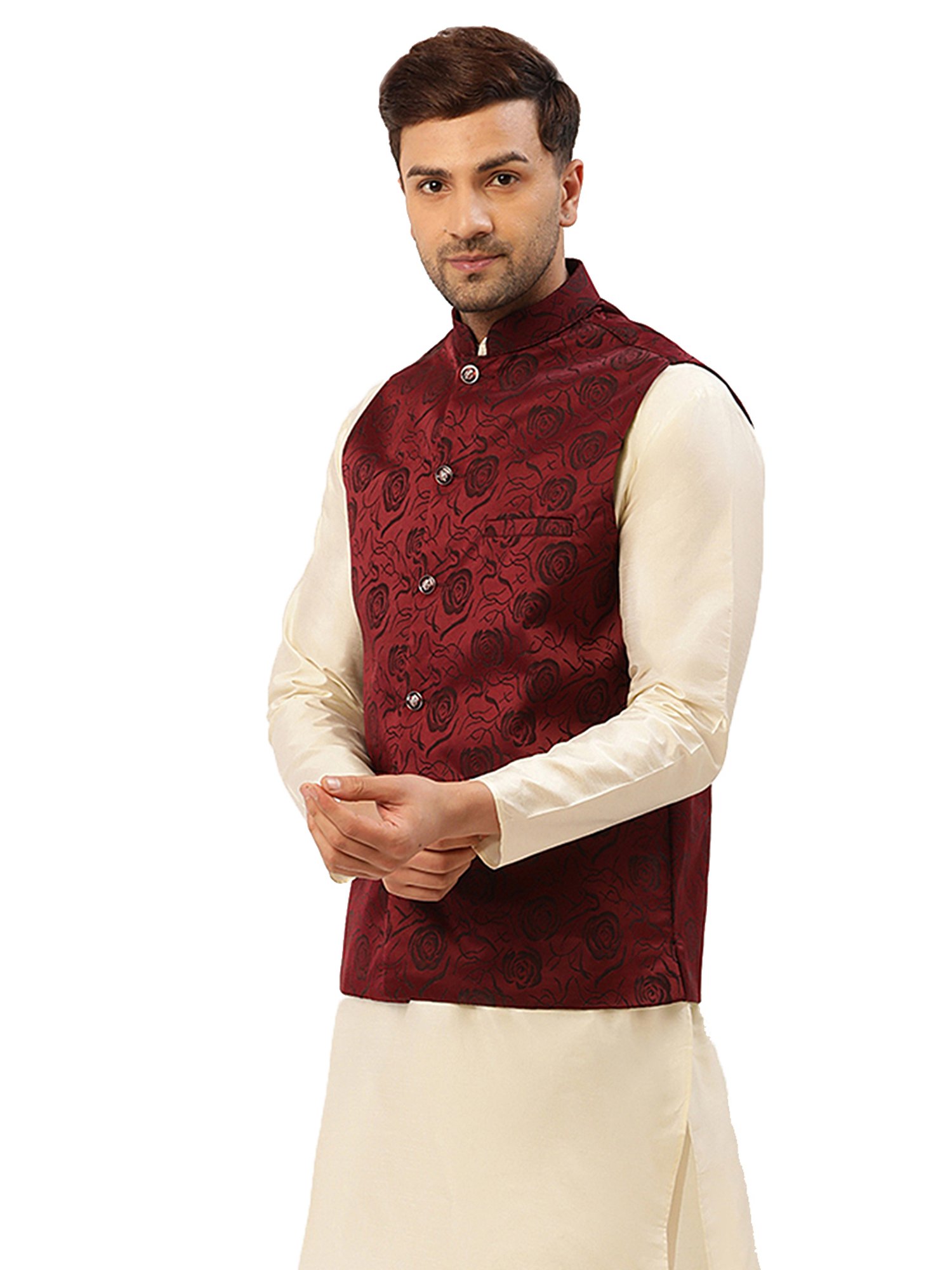 Jompers Maroon Cotton Regular Fit Floral Print Nehru Jackets