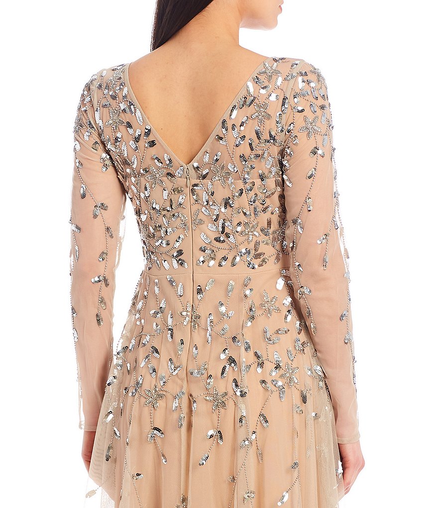 Kay Unger Long Bishop Sleeve V-Neck Crepe A-Line Dress