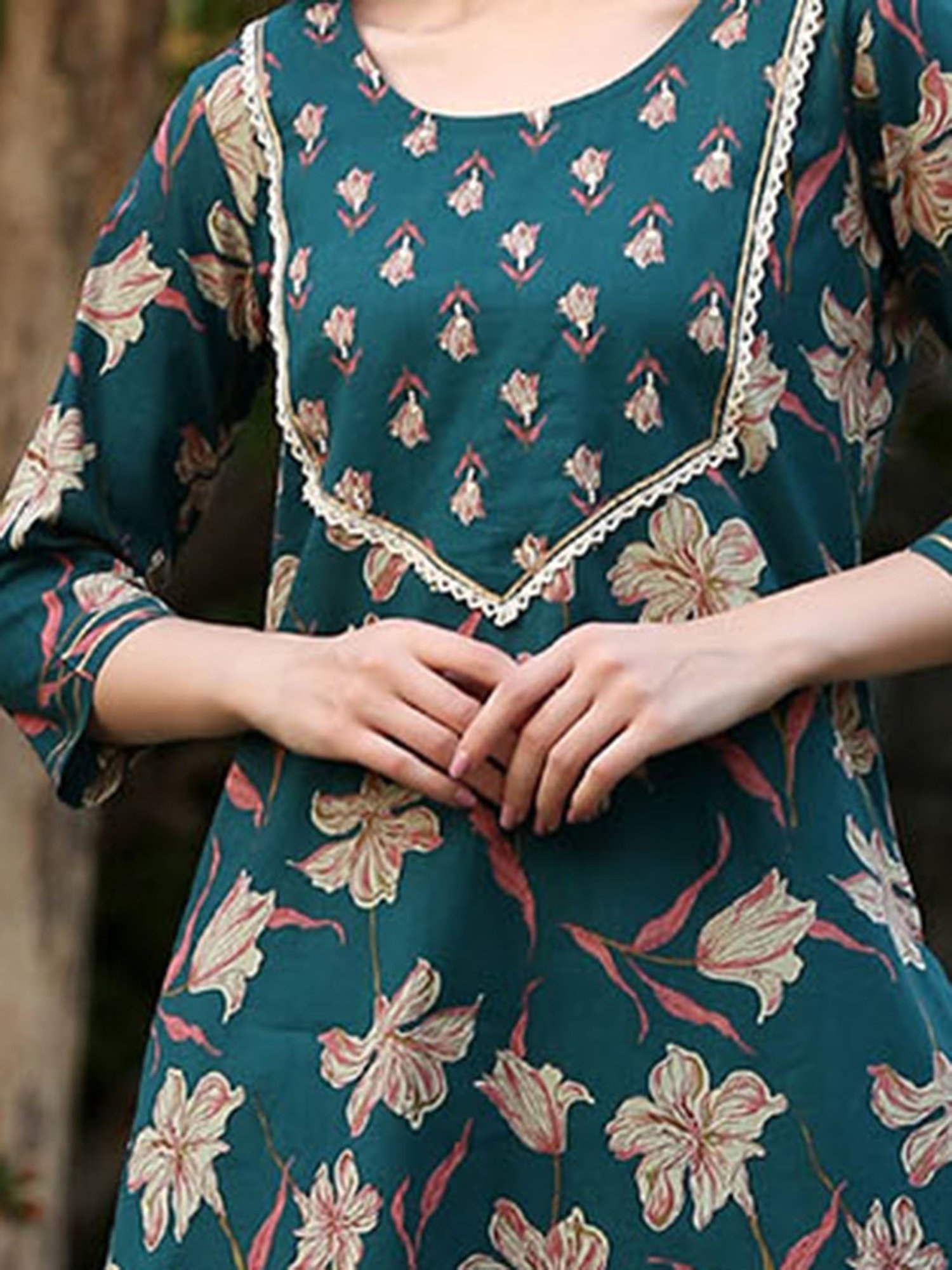 DECKEDUP Green Cotton Floral Print Kurta With Pants