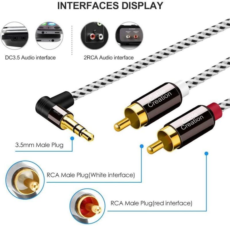 3.5mm to RCA Cable 10FT, CableCreation Angle 3.5mm Male to 2RCA Male Auxiliary Stereo Audio Y Splitter Gold-Plated for Smartphones, MP3, Tablets, Speakers, Home Theater, HDTV, 3M