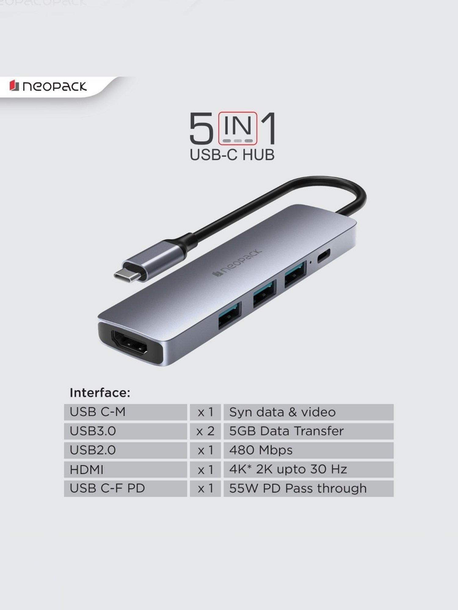 Neopack 5 in 1 USB C Hub Multiport Adapter with HDMI 4K 30Hz, USB 3.0 5Gbps Data Ports (Silver)