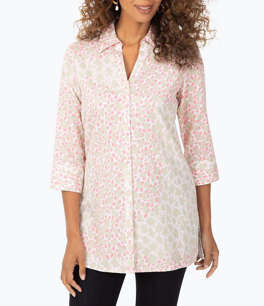 Foxcroft Pamela Pebble Animal Print Point Collar Neck 3/4 Sleeve Non-Iron Tunic