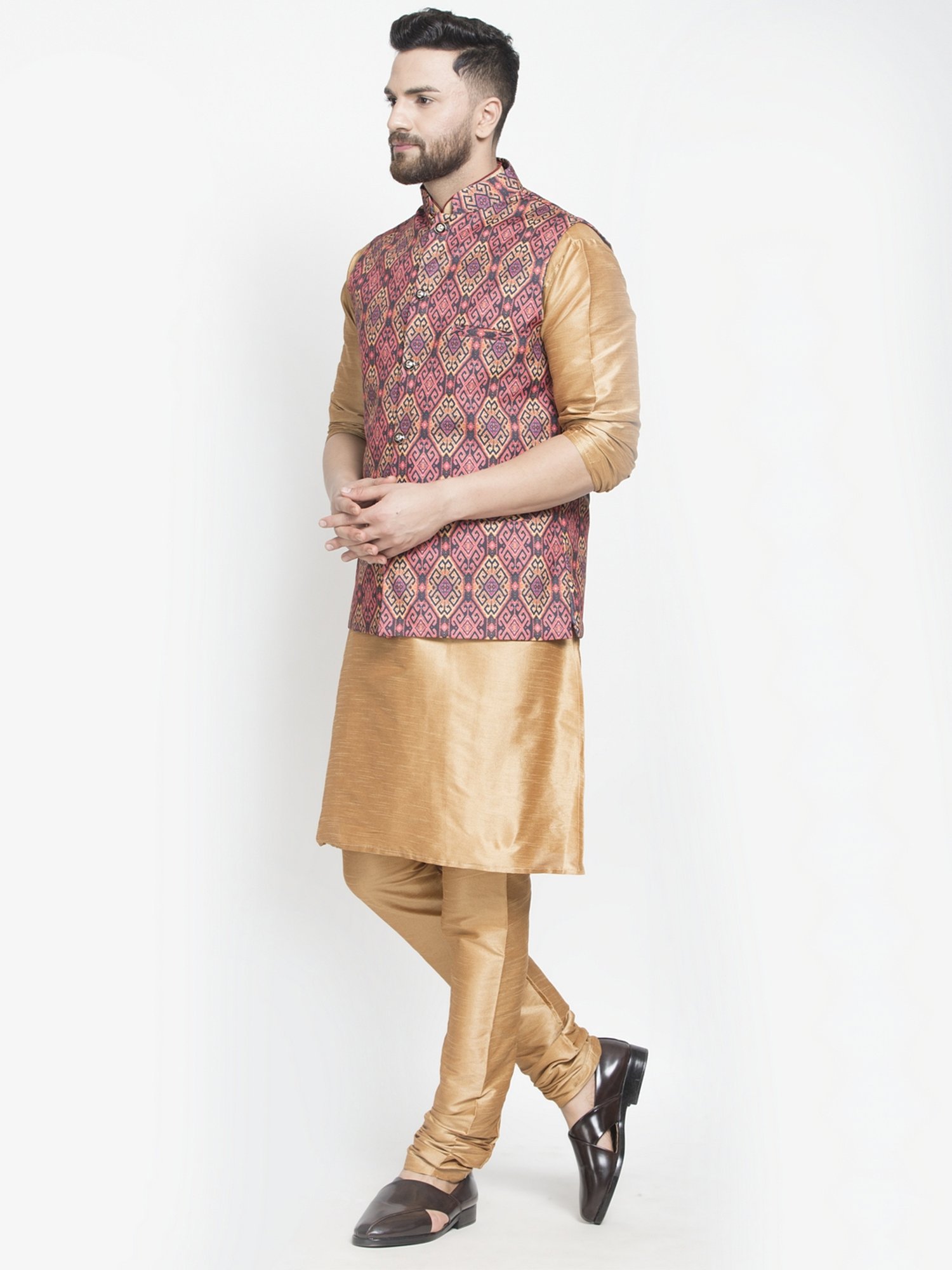 Benstoke Copper & Rust Regular Fit Geometric Kurta Set With Jacket