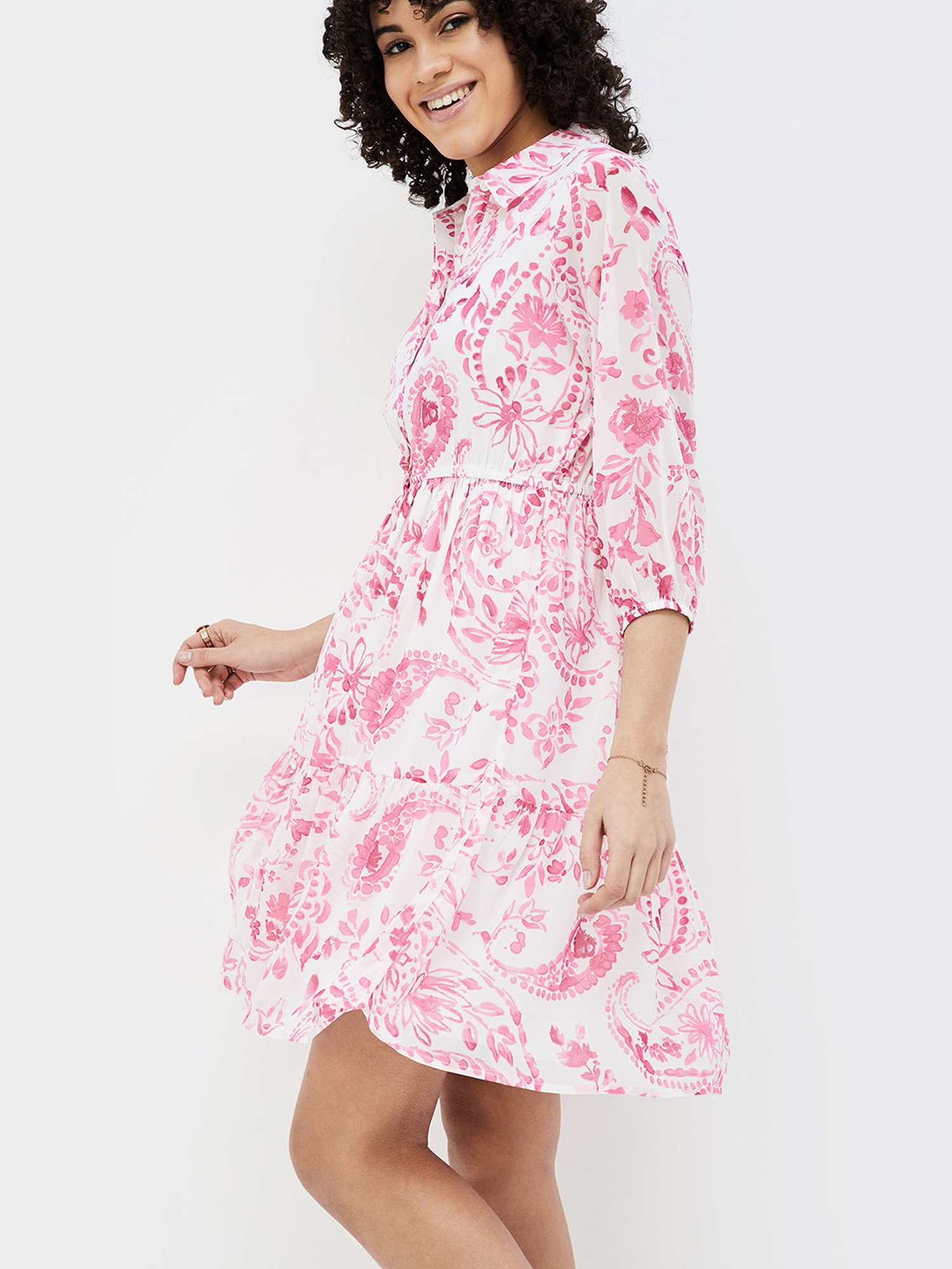 Colour Me by Melange White & Pink Floral Print Shirt Dress