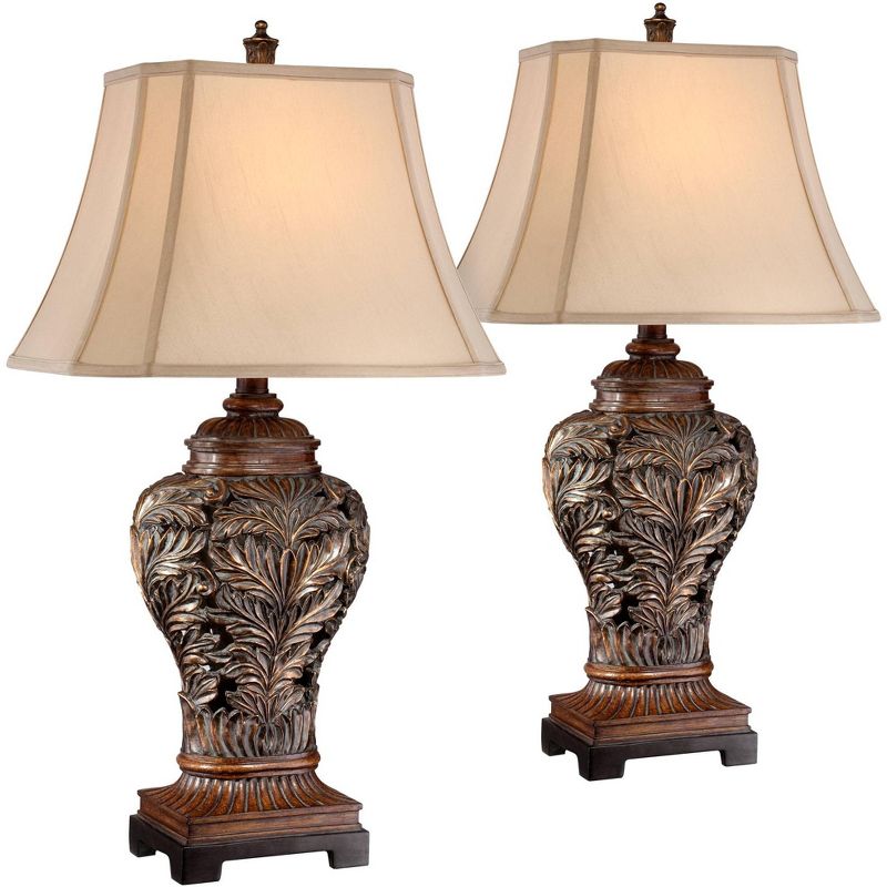 Barnes and Ivy Traditional Table Lamps Set of 2 Bronze Curling Leaves Tan Rectangular Shade for Living Room Family Bedroom Bedside
