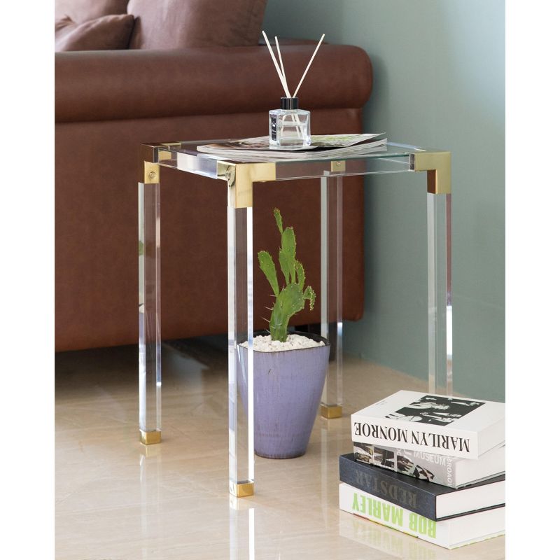 Bold Tones Square Acrylic Gold Metal Modern Tempered Glass End Side Table