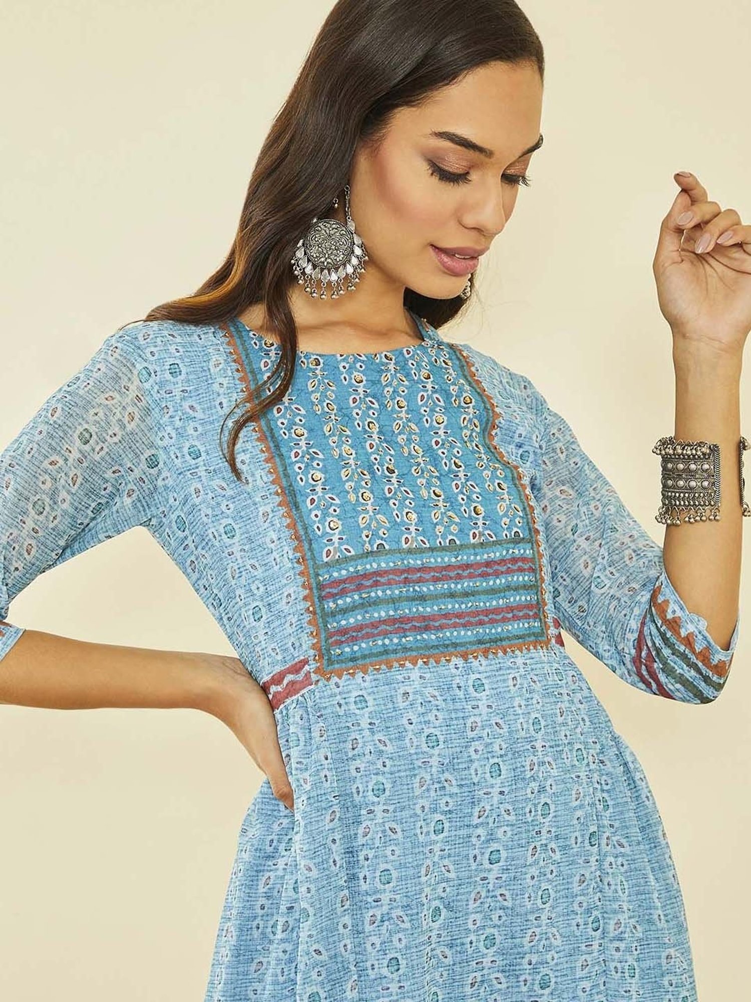 Soch Turquoise Blue Georgette Floral Print Round-Neck Tunic with Beadwork
