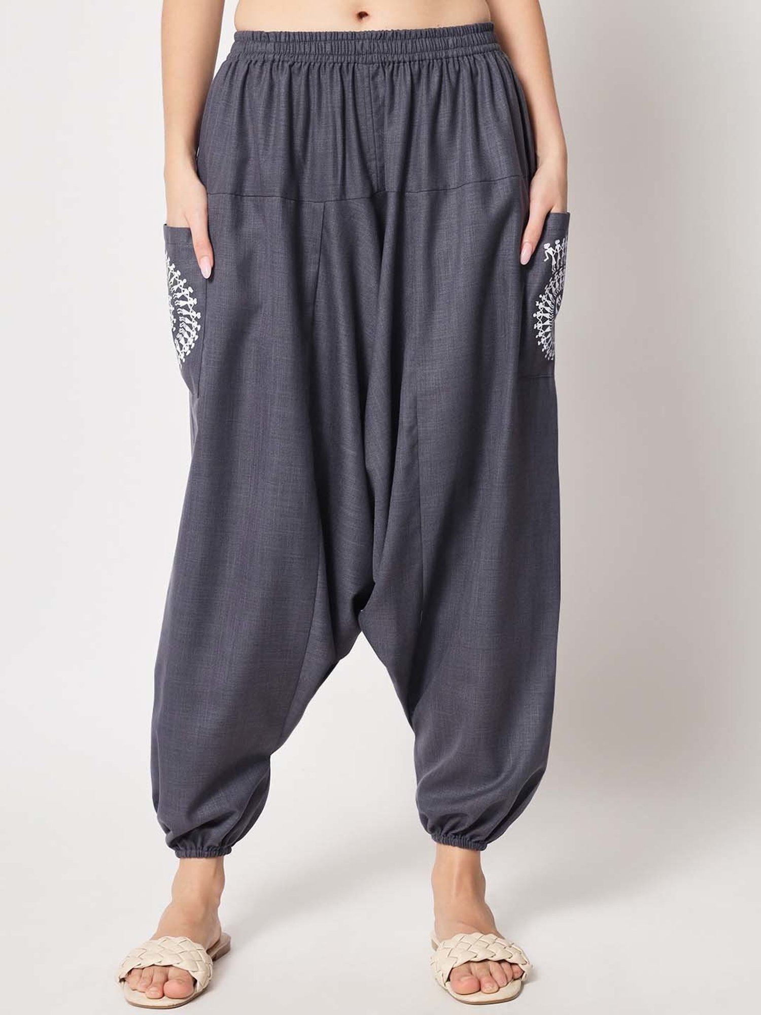 9rasa Grey Cotton Printed Drop-Crotch Pants