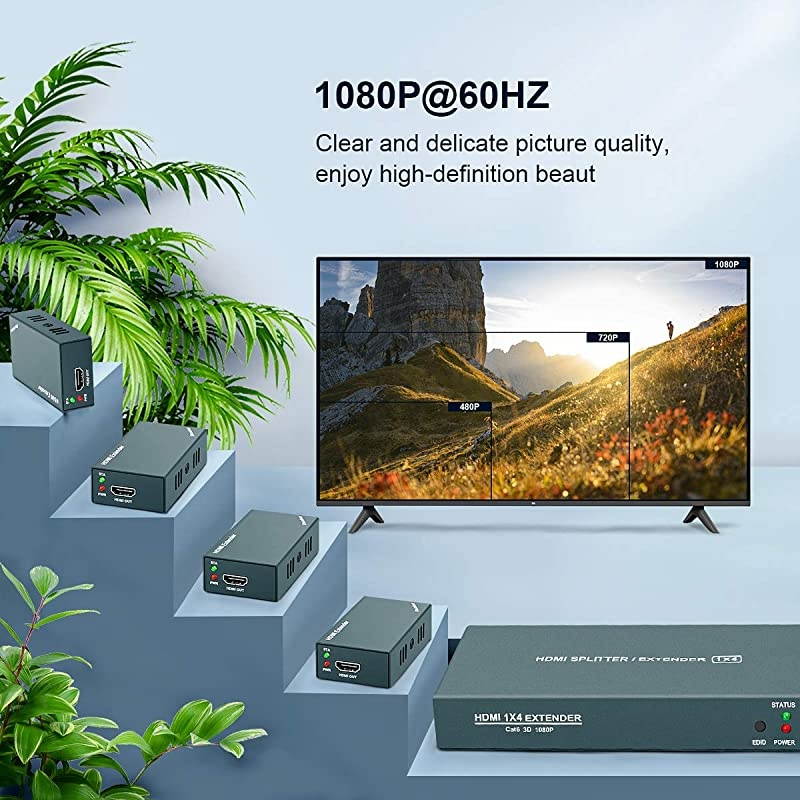 Extender Splitter 1x4, 1080P@60Hz, Extending 165ft (50m) Length Transmission Over CAT5e/CAT6/CAT7 Cable, 4 Channel Transmission Only 1 Power Adapter