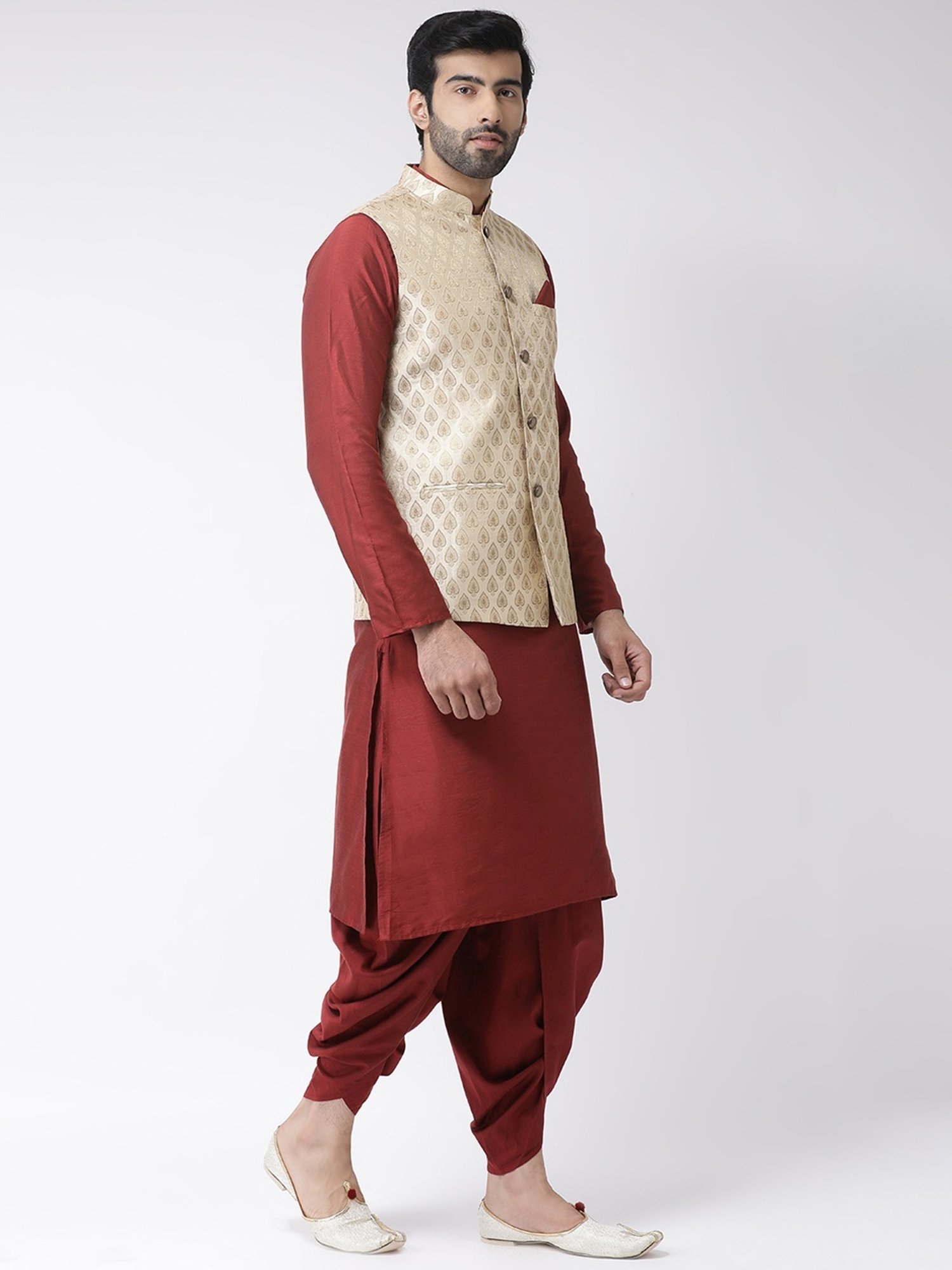 KISAH PLUS Beige & Maroon Regular Fit Jacquard Kurta Set With Jacket