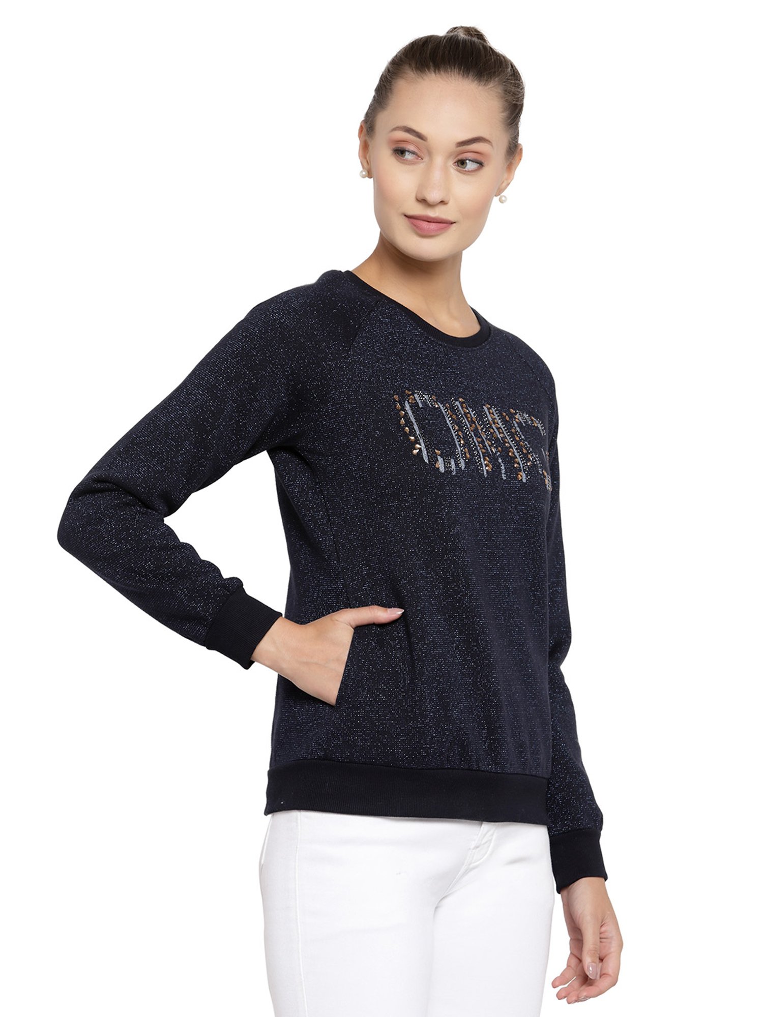 Juelle Navy Embellished Round Neck Sweatshirt