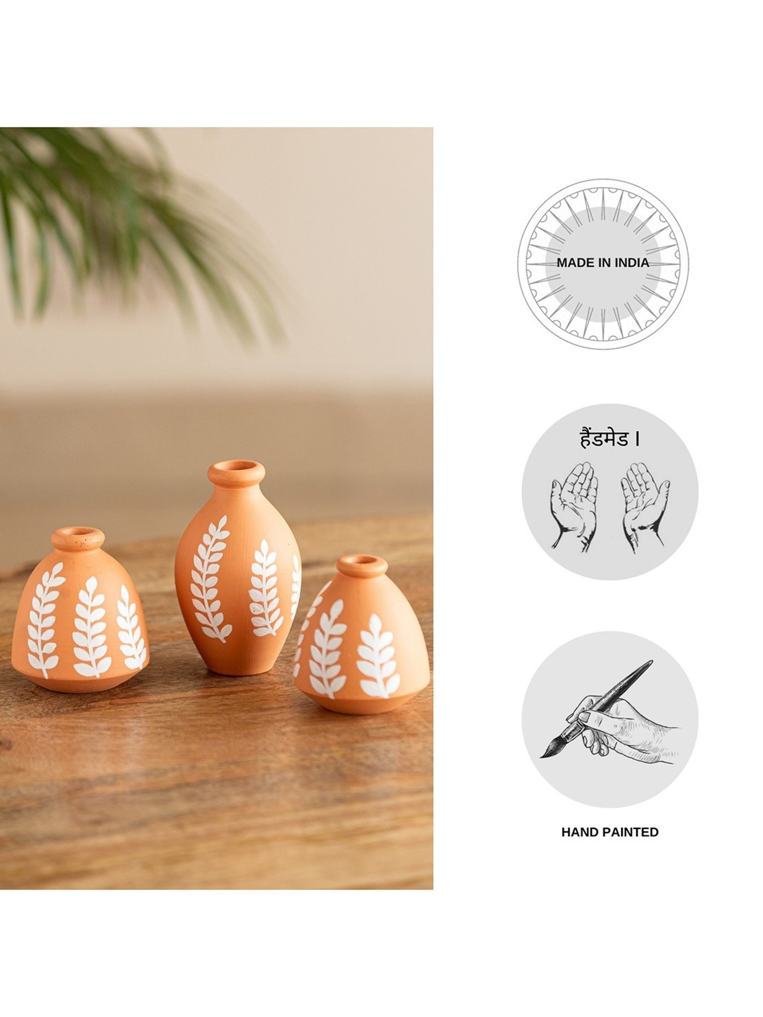 ExclusiveLane Ethnic Foliage Trio Hand-Painted Brown Terracotta Pots Showpieces - Set of 3