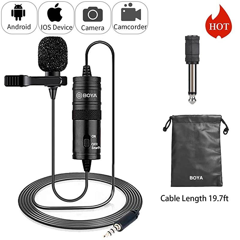 19 Feet Lavalier Microphone for Canon iPhone Podcast,  Omnidirectional Condenser Recording Mic for Nikon Sony iPhone 8 8 plus 7 6 6s Plus DSLR Camcorder Audio Recorder Youtube Interview Video