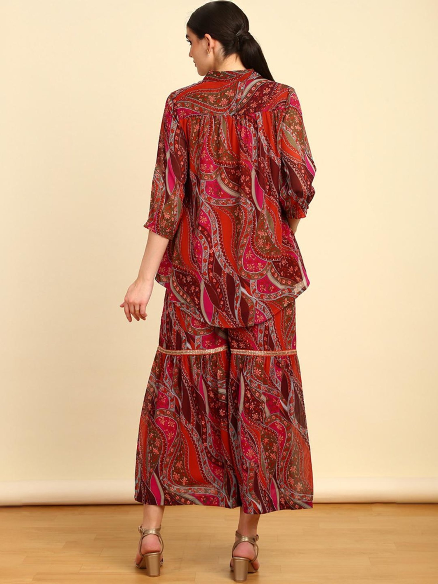 Soch Womens Fuchsia Floral Print Georgette Blend Co-Ord Set With Sequins