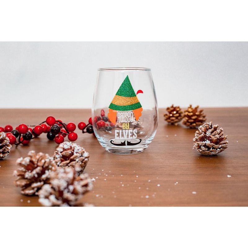 Silver Buffalo Buddy the Elf "Raised By Elves" Stemless Glitter Glass | Holds 20 Ounces