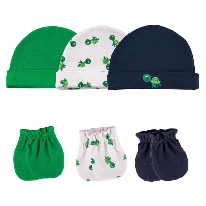 Luvable Friends Baby Boy Cotton Caps and Scratch Mittens 6pk, Turtle, 0-6 Months