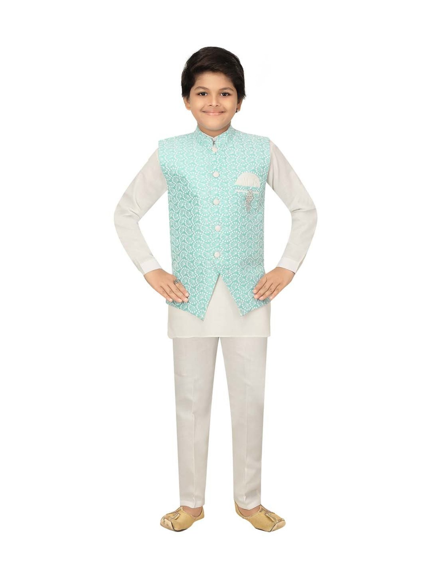 Ahhaaaa Kids Blue & White Cotton Embroidered Full Sleeves Kurta Set