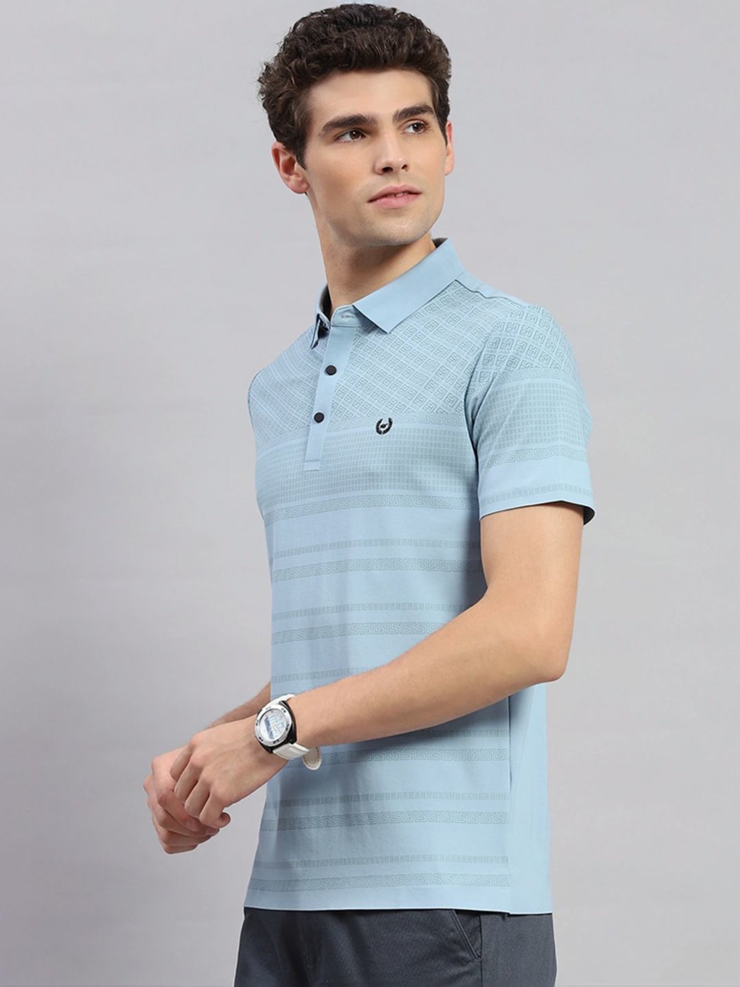 Monte Carlo Sky Blue Regular Fit Printed Polo T-Shirt