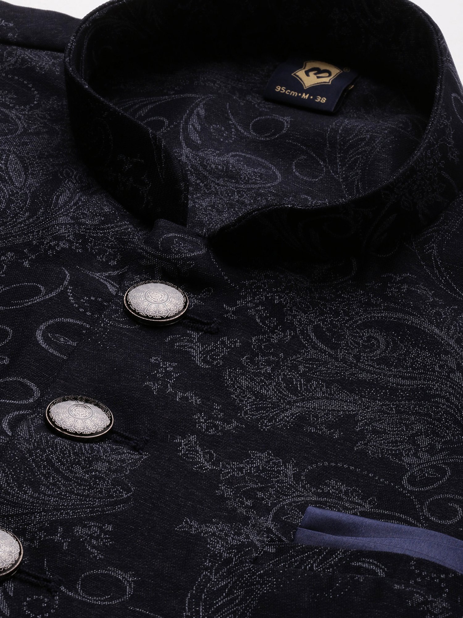 Manyavar Dark Blue Regular Fit Self Design Nehru Jacket