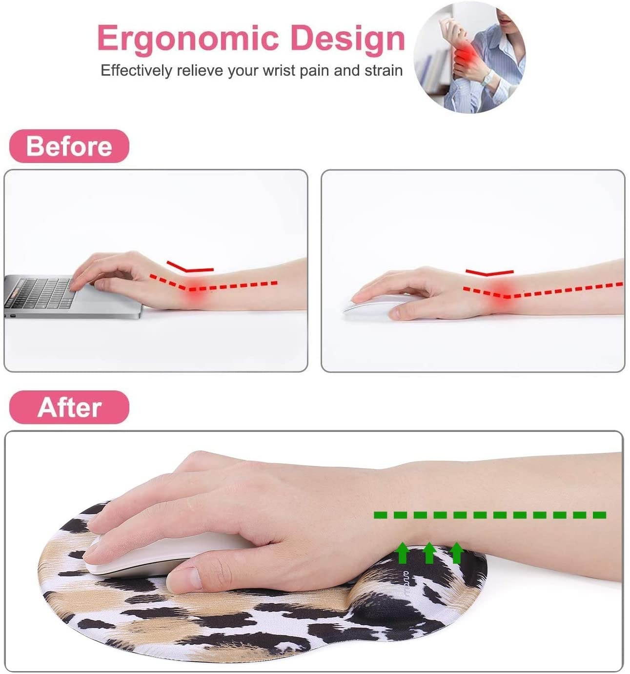 MOSISO Mouse Pad with Wrist Rest, Leopard Print Ergonomic Gaming Mousepad Gel Wrist Rest Support Home/Office/Working Easy Typing Cushion Non-Slip Rubber Base for Computer Laptop, Beige